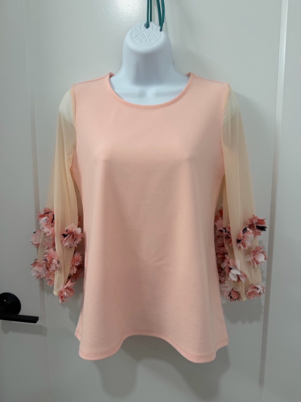 Alfani Peach Top with Sheer Cream Sleeves and Floral Appliqués